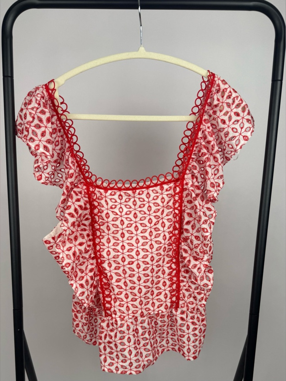 Sugarlips Red White Eyelet Embroidered Peplum Top Ruffle Sleeve Size L - Picture 2 of 6